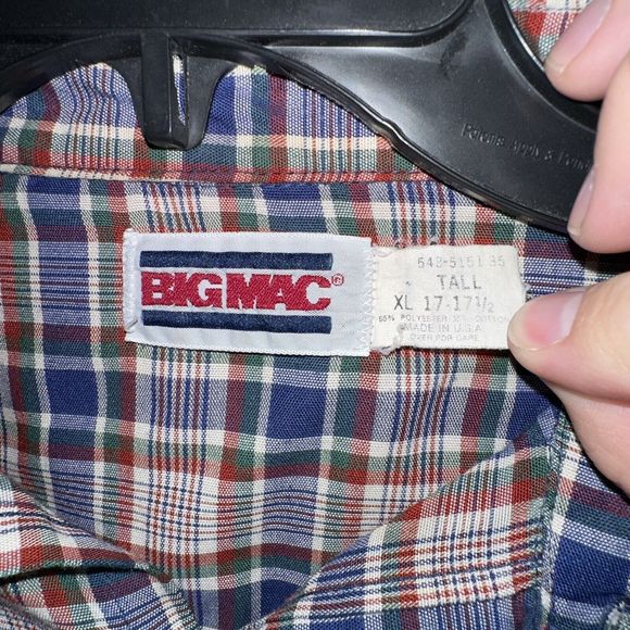 Vintage Big Mac Shirt XLT Mens Long Sleeve Pearl Snap Plaid Western 80s Red Blue - Picture 3 of 6